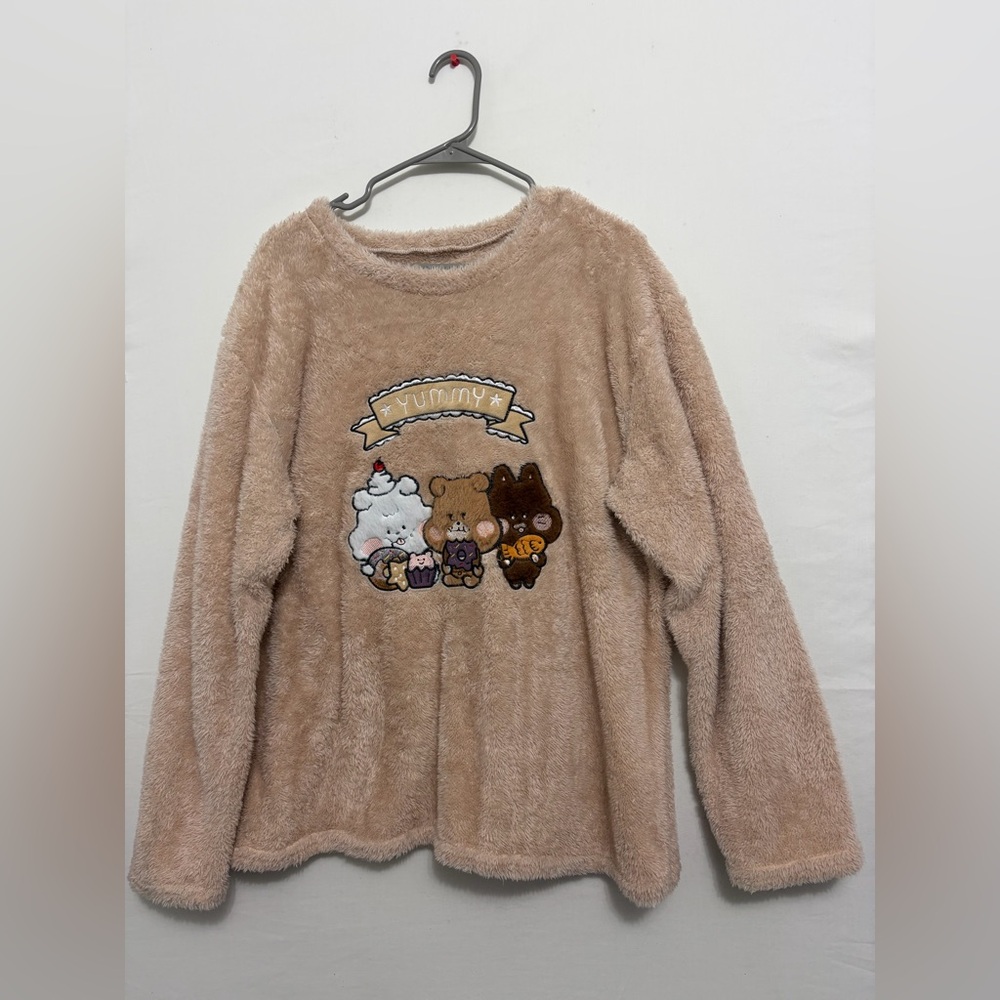 Cute Kawaii Bear Plush Fleece Sweater women’s One Size Cozy Soft Beige(A477)✨